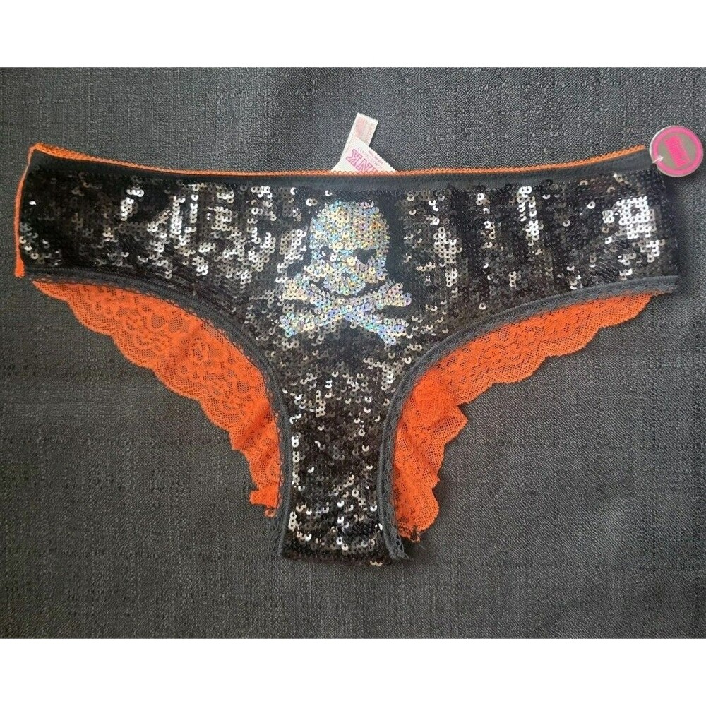 VTG Y2K Victorias Secret Pink Low Rise Hipster Halloween Sequin Skull Panty RARE - Picture 2 of 7
